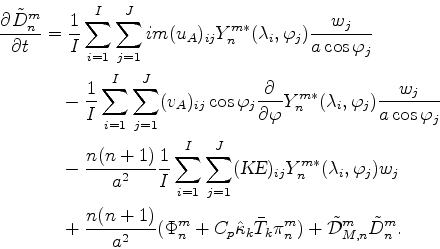 \begin{align*}\begin{split}\DP{\tilde{D}_n^m}{t} & = \frac{1}{I} \sum_{i=1}^{I} ...
...{T}_k \pi_n^m ) + \tilde{\cal D}_{M,n}^m \tilde{D}_n^m . \end{split}\end{align*}