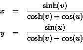 \begin{eqnarray*}x & = & \frac{\sinh(v)}{\cosh(v) + \cos(u)} \\y & = & \frac{\sin (u)}{\cosh(v) + \cos(u)} \\\end{eqnarray*}