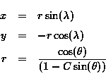 \begin{eqnarray*}x & = & r \sin (\lambda) \\y & = & - r \cos (\lambda) \\r & = & \frac{\cos(\theta) }{(1-C\sin(\theta))}\end{eqnarray*}